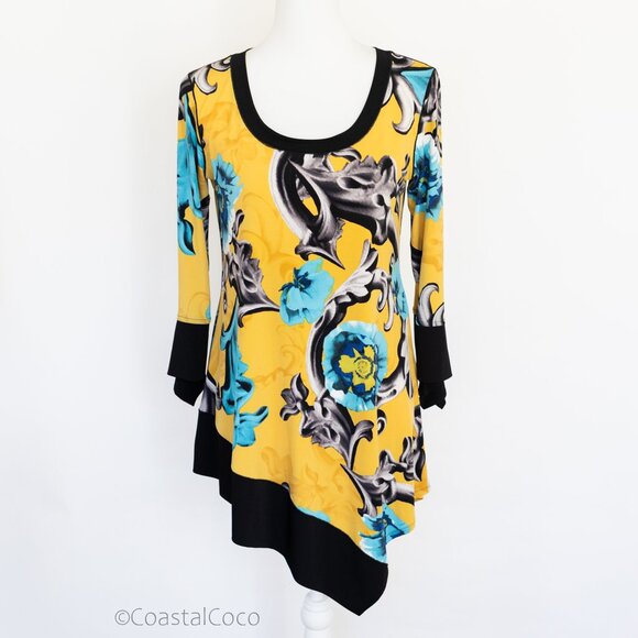 Eva Varro Floral Asymmetric Tunic M Top Yellow Stretch Boho Artsy Flowy Holiday - Picture 1 of 9